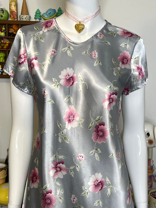 Vintage Silver Gray Flower Print Stain Style Mini Dress Sz M
