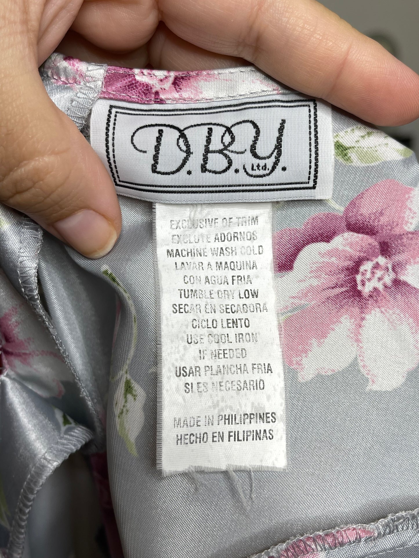 Vintage Silver Gray Flower Print Stain Style Mini Dress Sz M