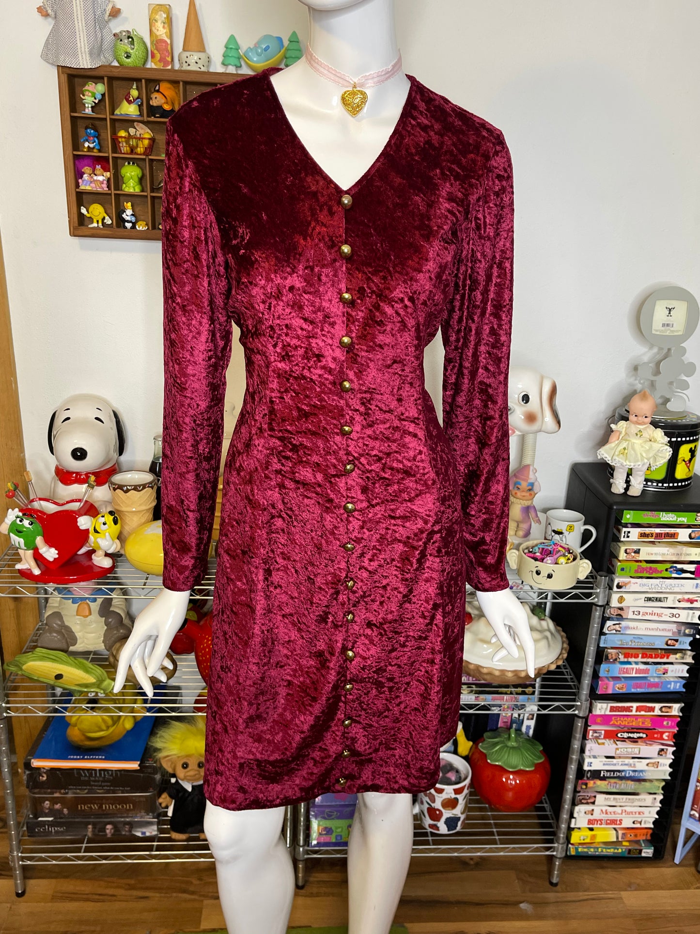Vintage 90s Whimsigoth Burgundy Red Crushed Velvet Dress Sz M