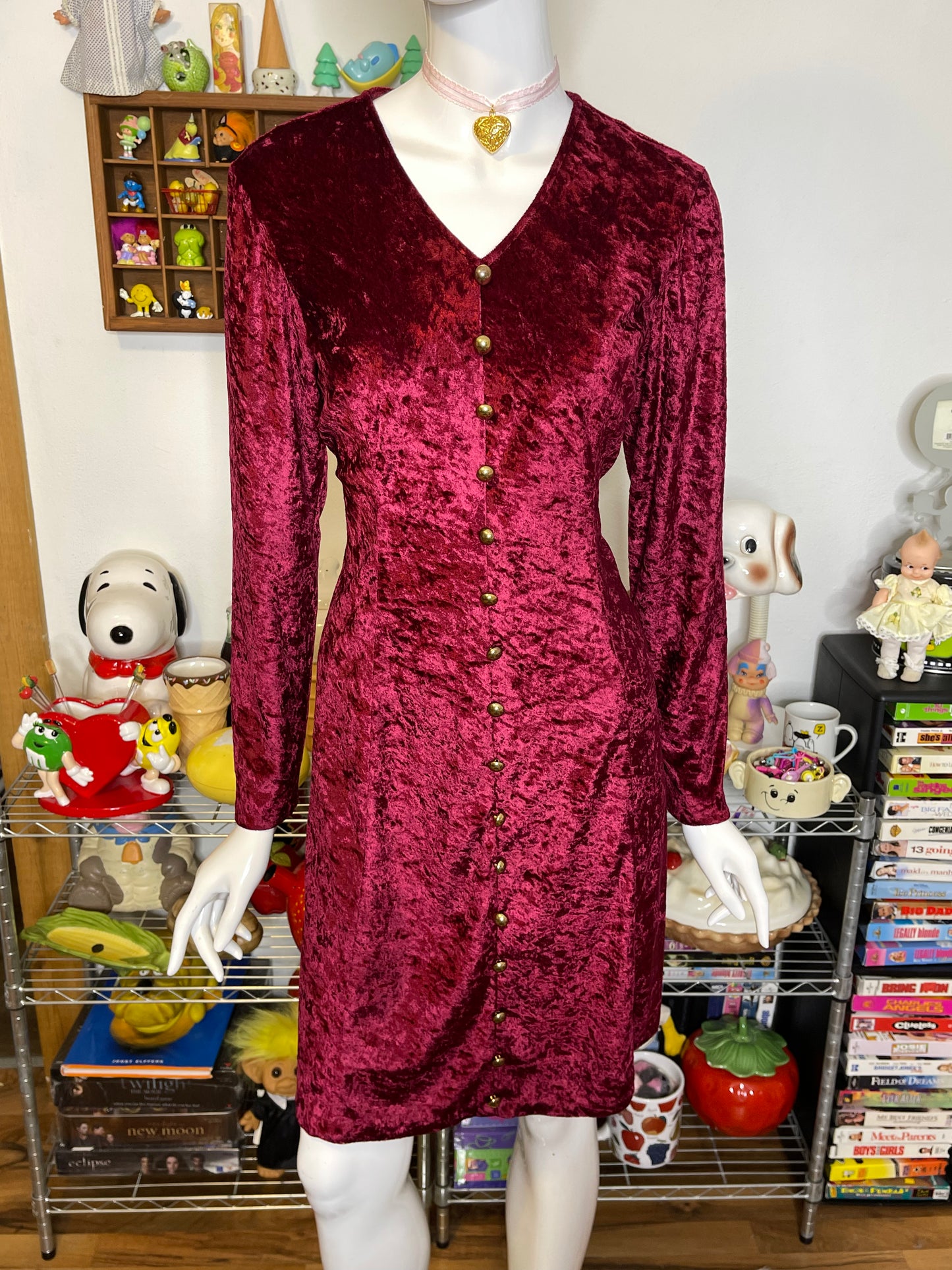 Vintage 90s Whimsigoth Burgundy Red Crushed Velvet Dress Sz M