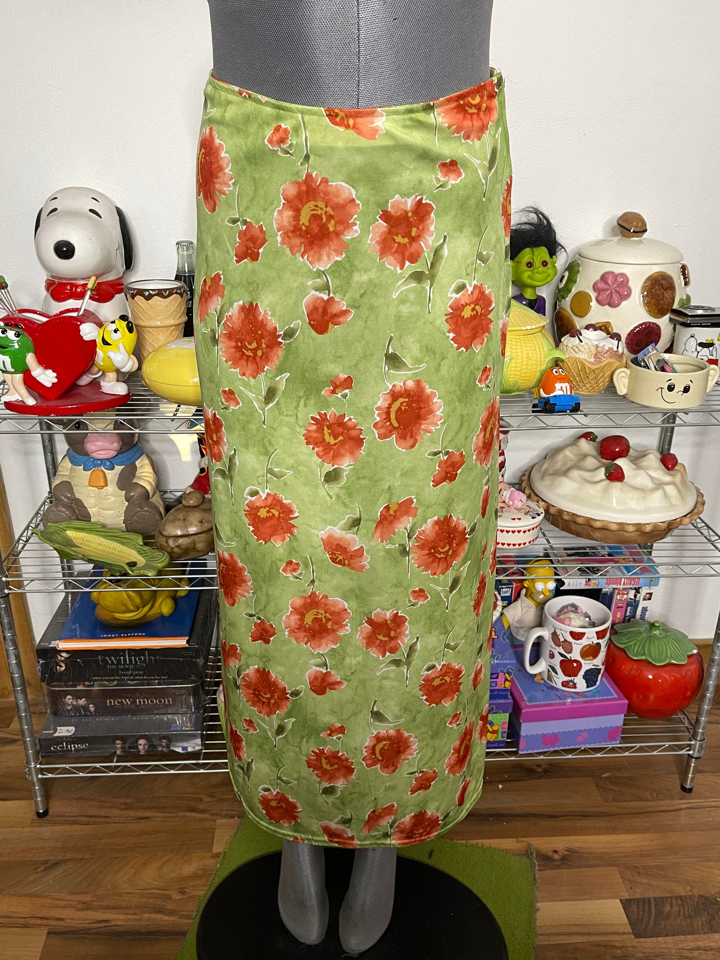 Vintage 90s Green Flower Print Maxi Skirt Sz S/M