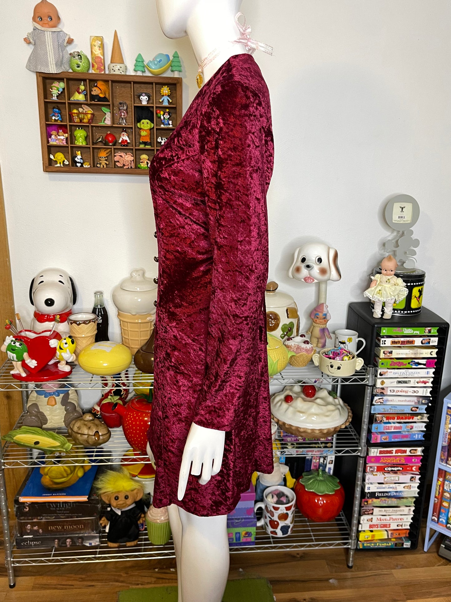 Vintage 90s Whimsigoth Burgundy Red Crushed Velvet Dress Sz M