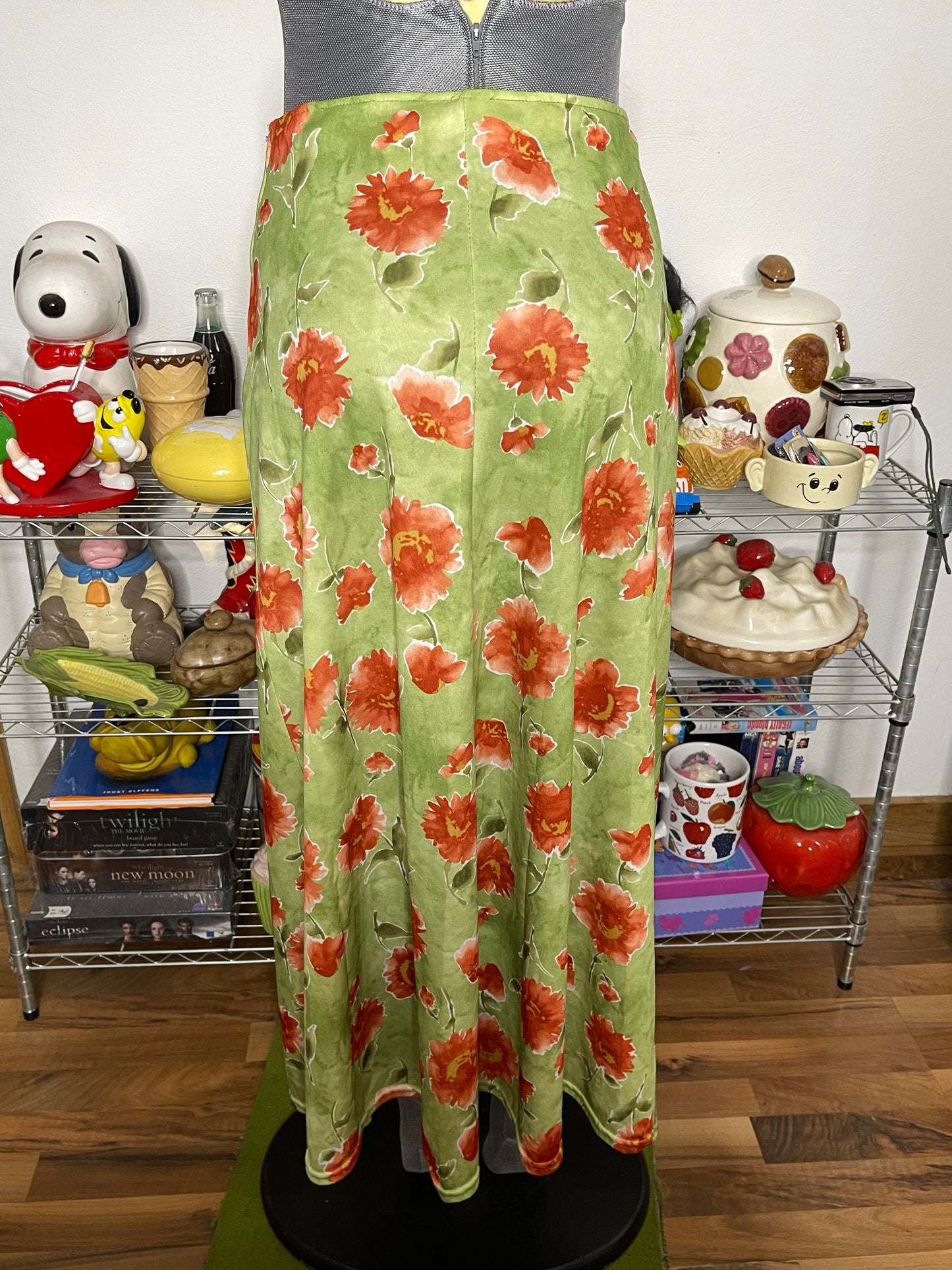 Vintage 90s Green Flower Print Maxi Skirt Sz S/M