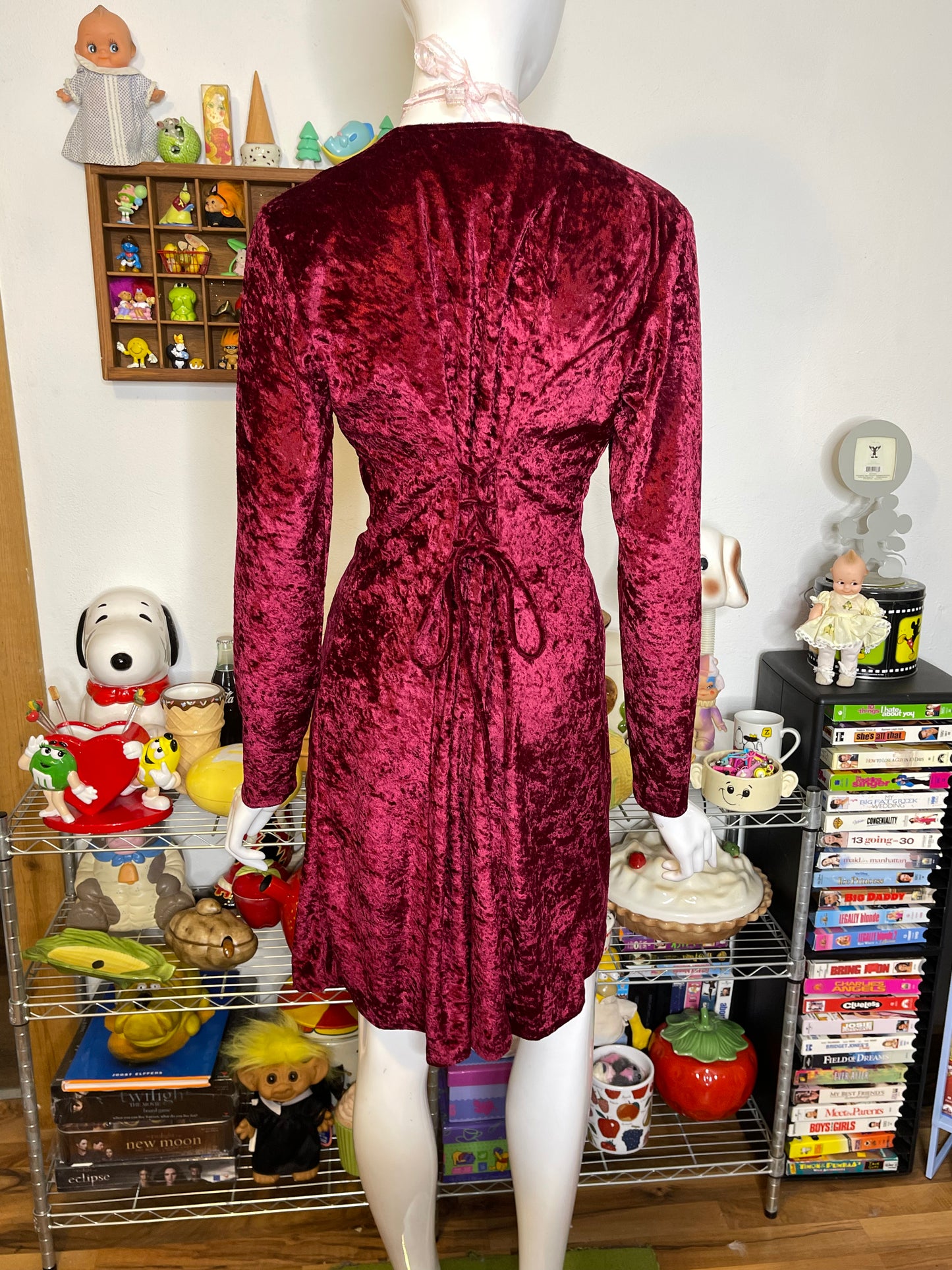 Vintage 90s Whimsigoth Burgundy Red Crushed Velvet Dress Sz M