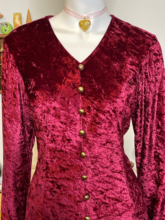 Vintage 90s Whimsigoth Burgundy Red Crushed Velvet Dress Sz M