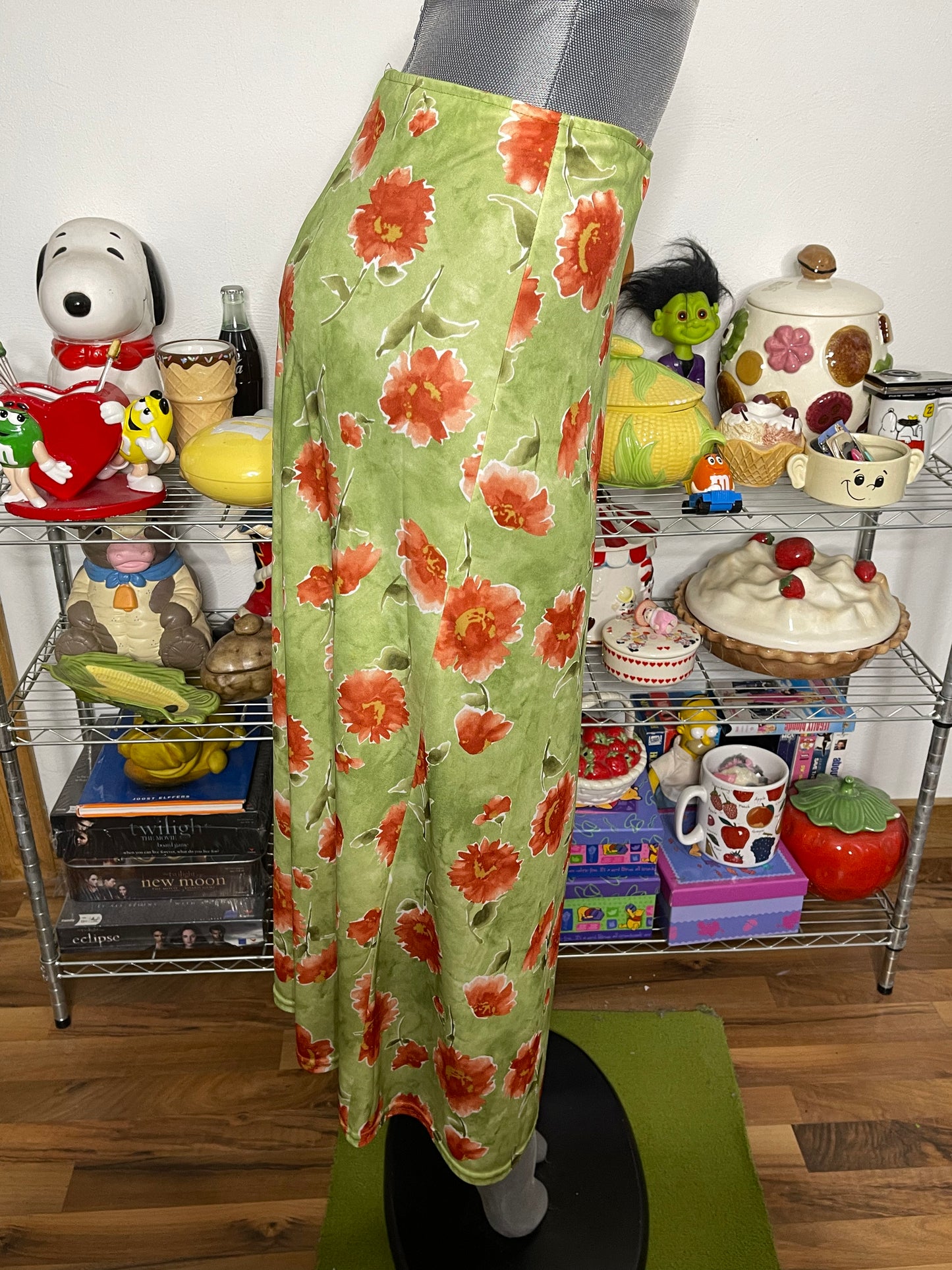 Vintage 90s Green Flower Print Maxi Skirt Sz S/M