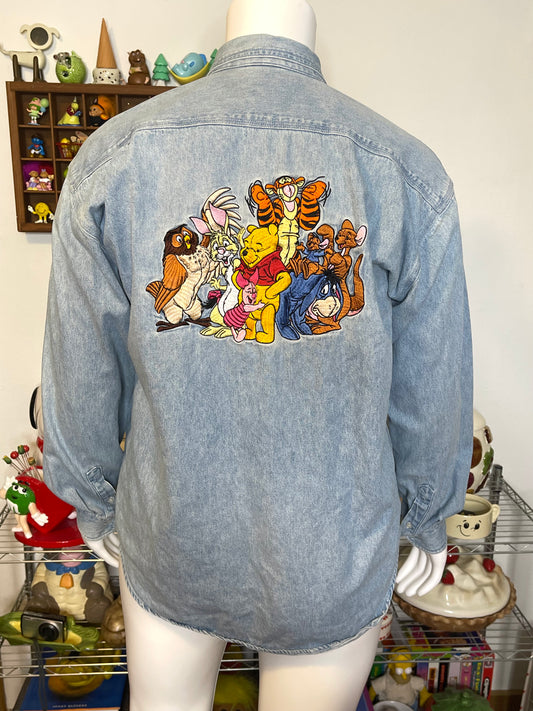 Vintage Pooh and friends embroidered denim button down sz L