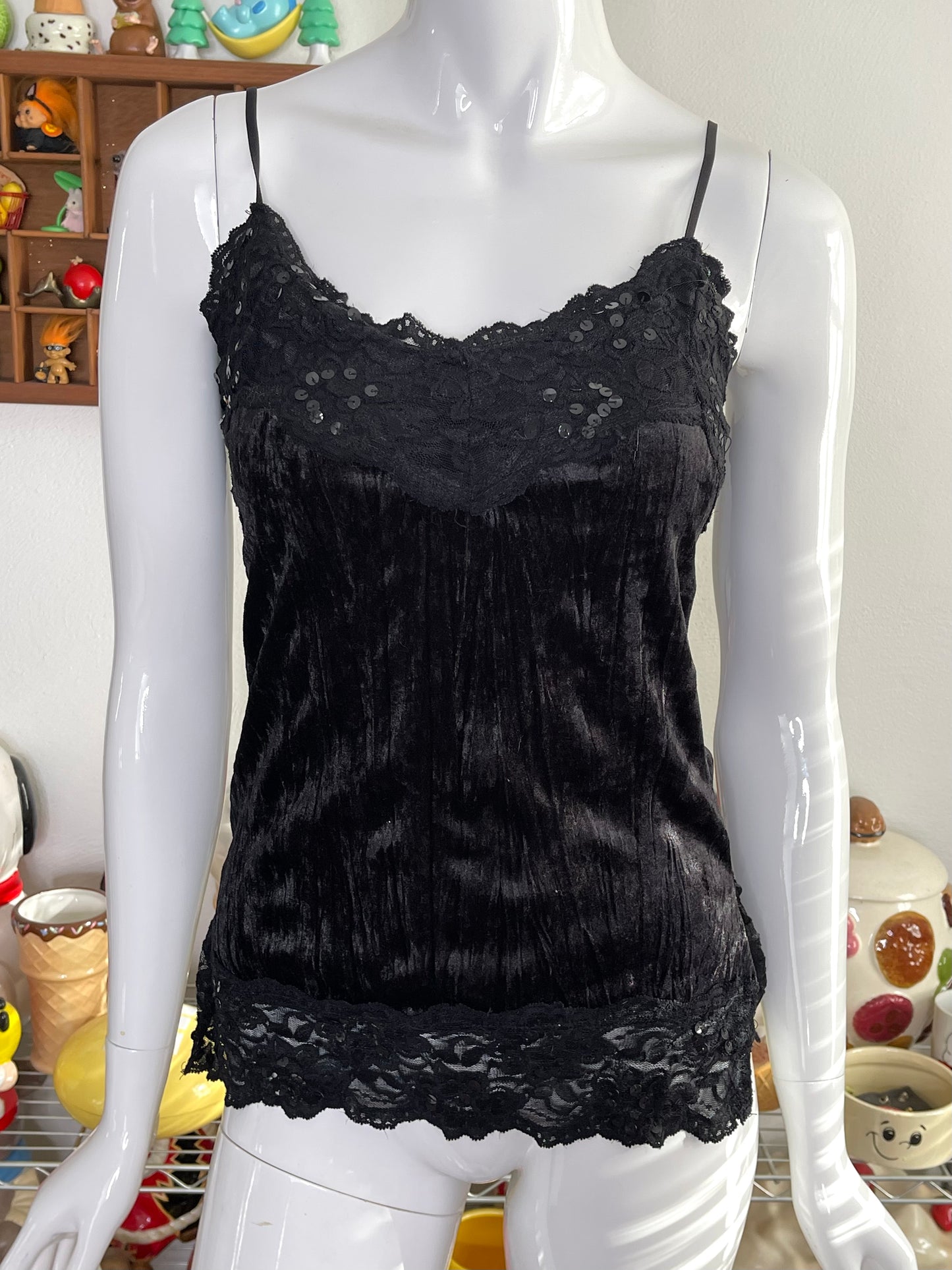 Vintage 2000s Black Sequin, Lace & Velvet Cami Sz M