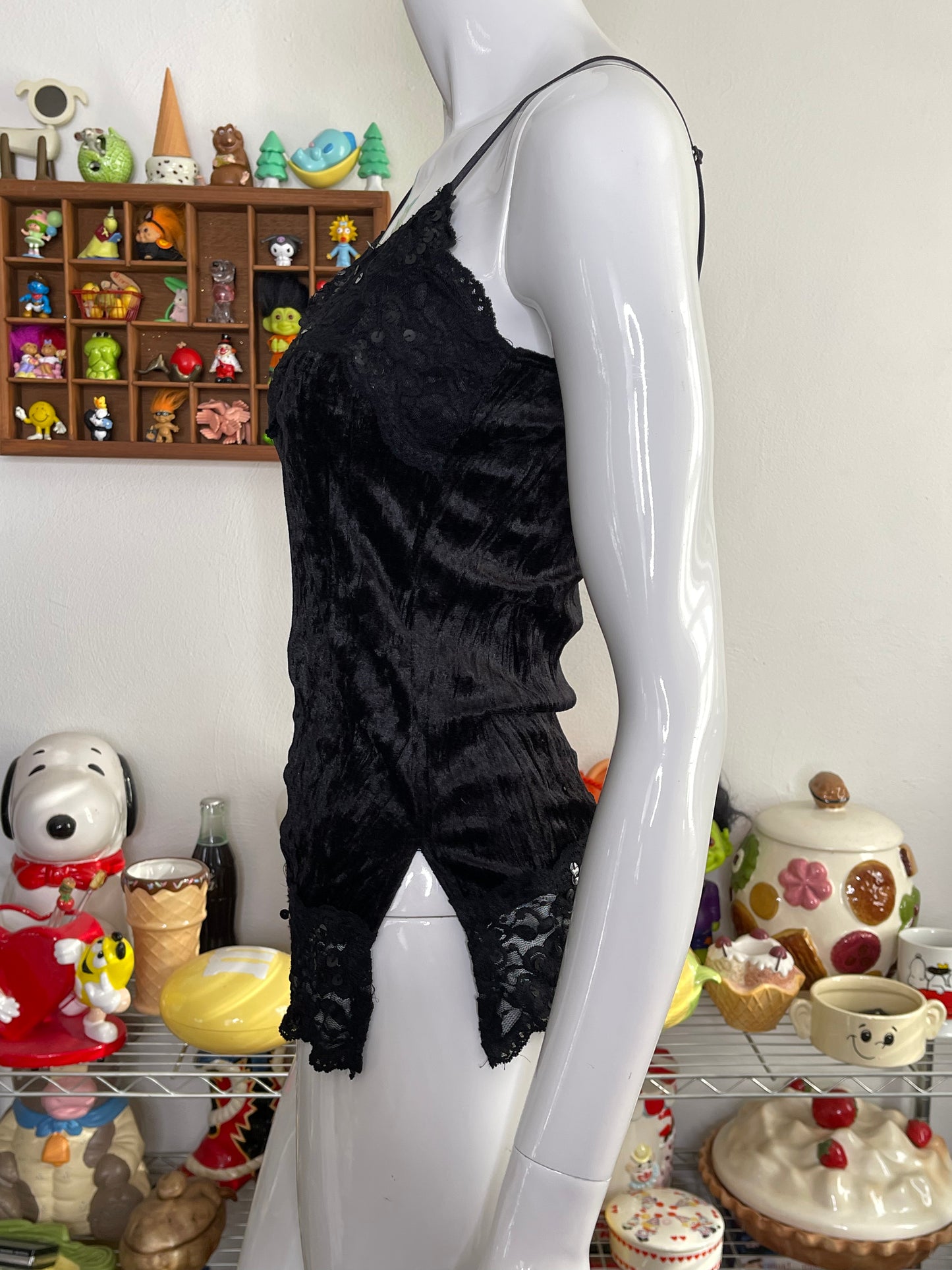 Vintage 2000s Black Sequin, Lace & Velvet Cami Sz M