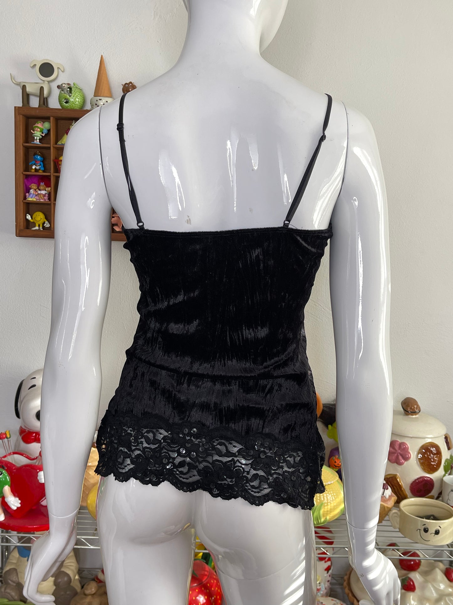 Vintage 2000s Black Sequin, Lace & Velvet Cami Sz M
