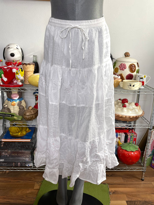 2000s White Sheer Sequin Tiered Midi - Maxi Skirt Sz M/L