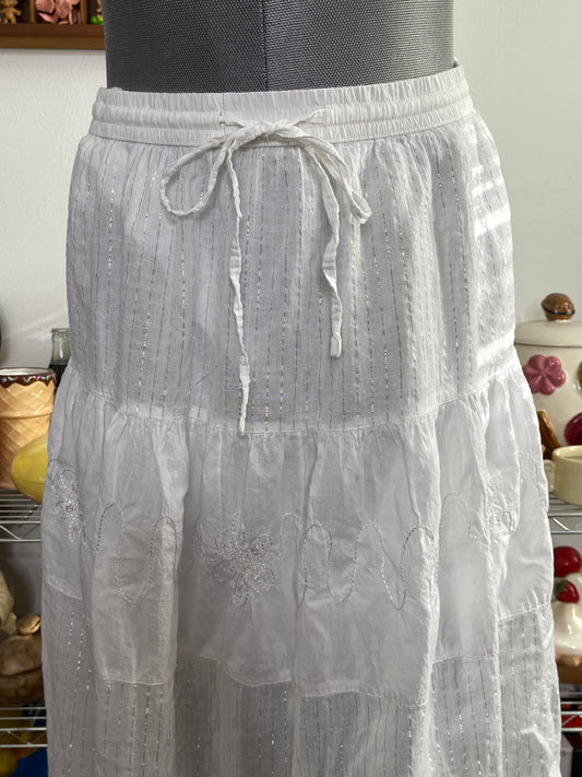 2000s White Sheer Sequin Tiered Midi - Maxi Skirt Sz M/L