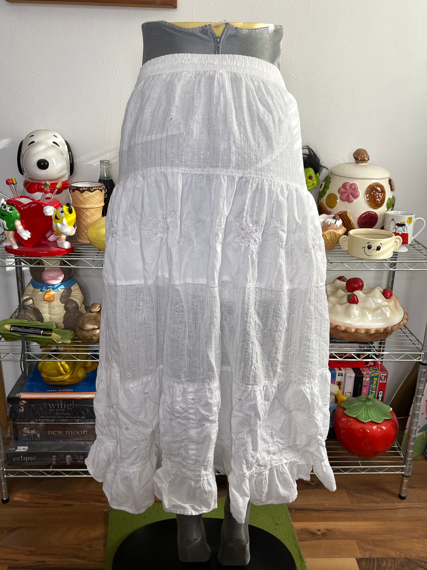 2000s White Sheer Sequin Tiered Midi - Maxi Skirt Sz M/L