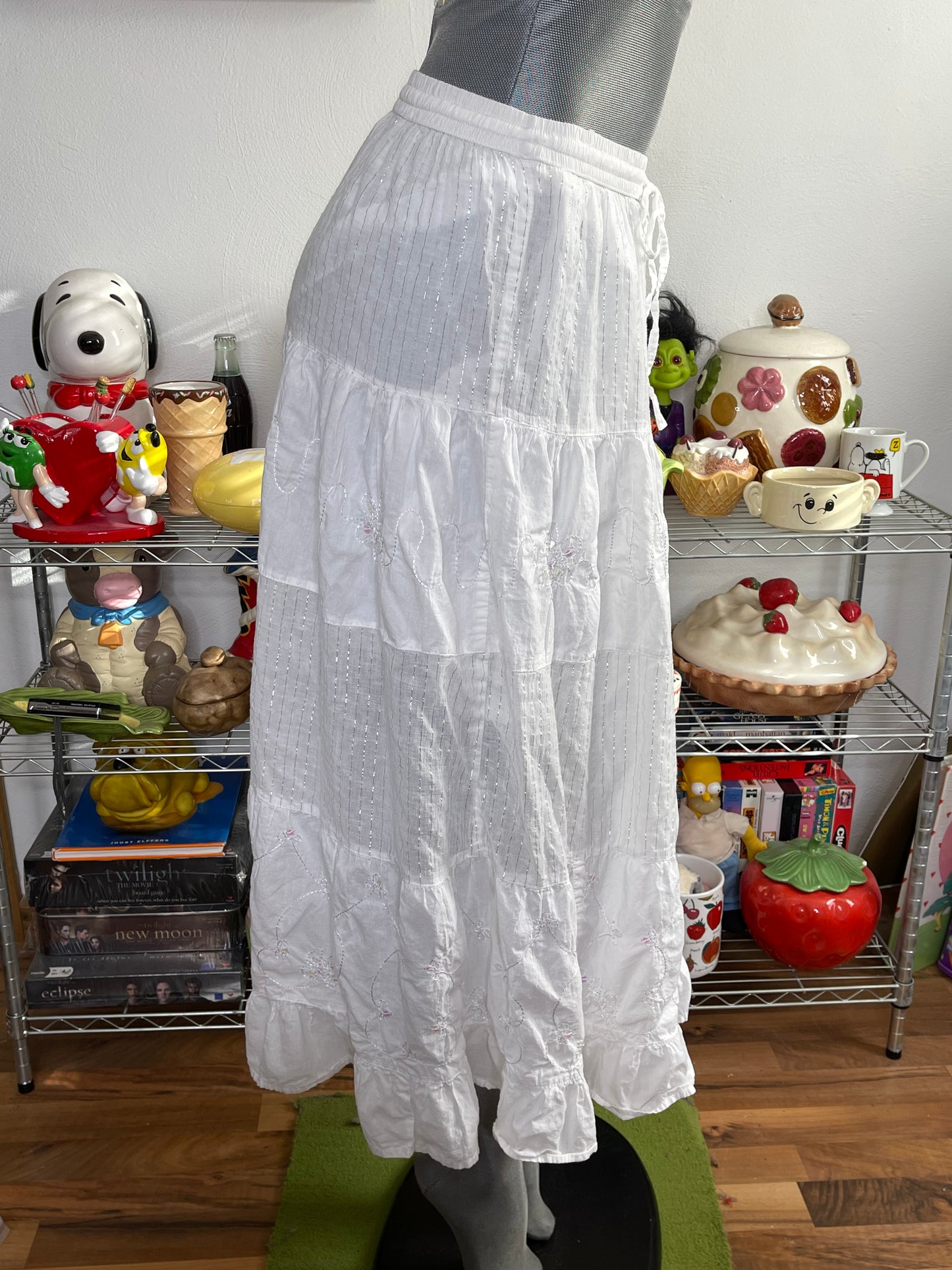 2000s White Sheer Sequin Tiered Midi - Maxi Skirt Sz M/L