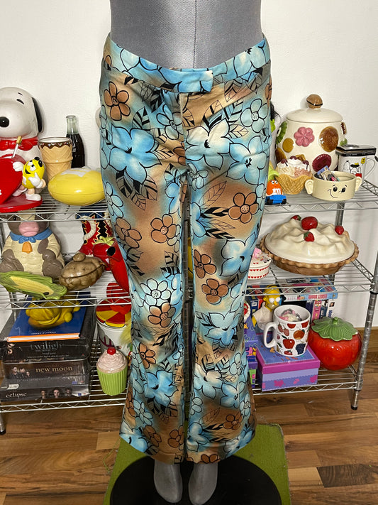 2000s Blue & Brown Tie-dye Flower Print Low Rise Pants Sz 11 29in