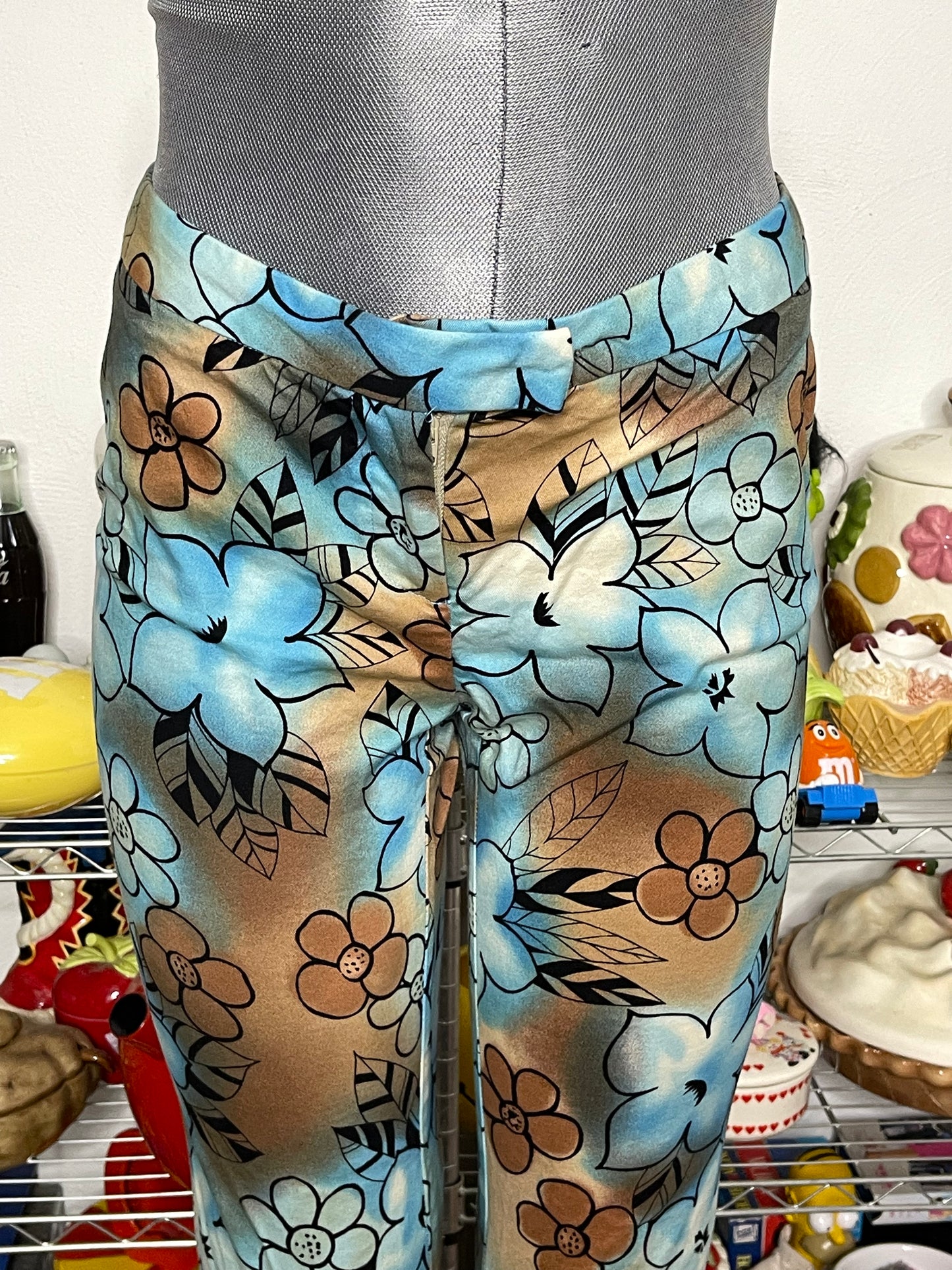 2000s Blue & Brown Tie-dye Flower Print Low Rise Pants Sz 11 29in