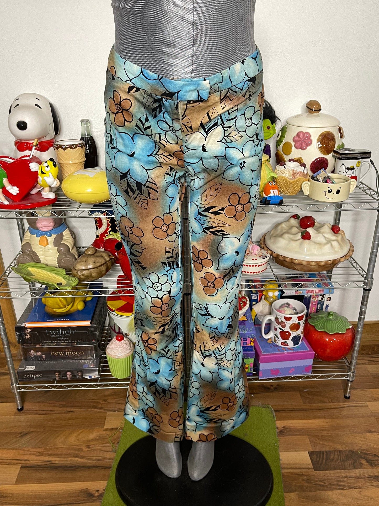 2000s Blue & Brown Tie-dye Flower Print Low Rise Pants Sz 11 29in