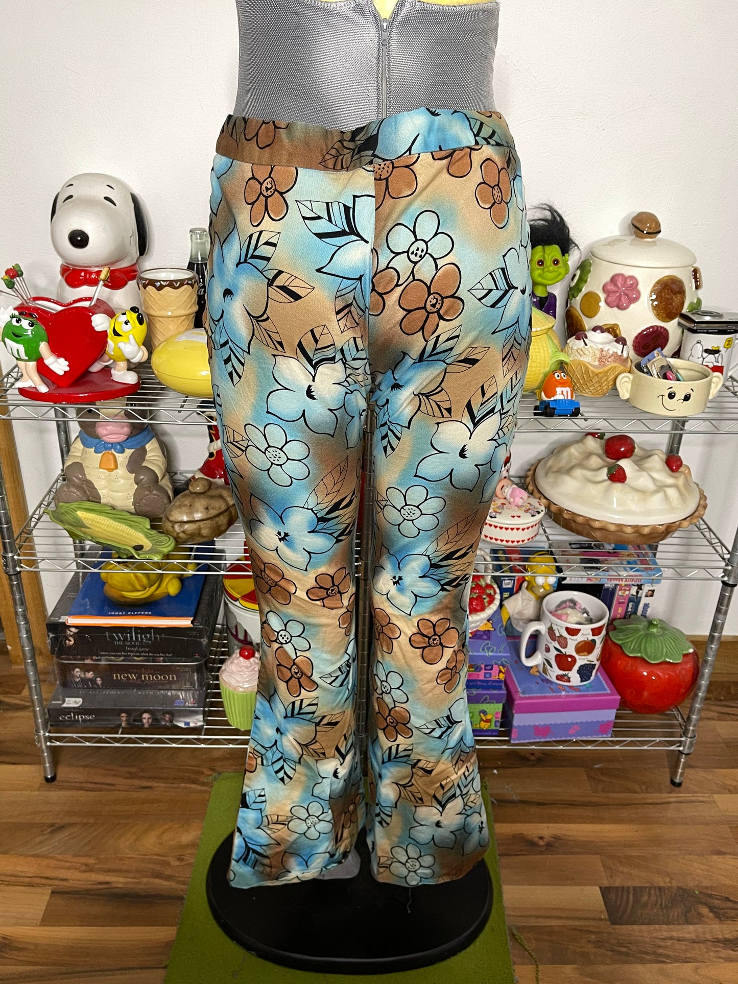 2000s Blue & Brown Tie-dye Flower Print Low Rise Pants Sz 11 29in