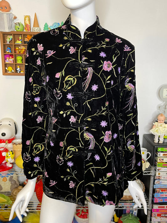 Vintage Black Velvet Flower Butterfly Peacock Embroidered Jacket Sz L/P