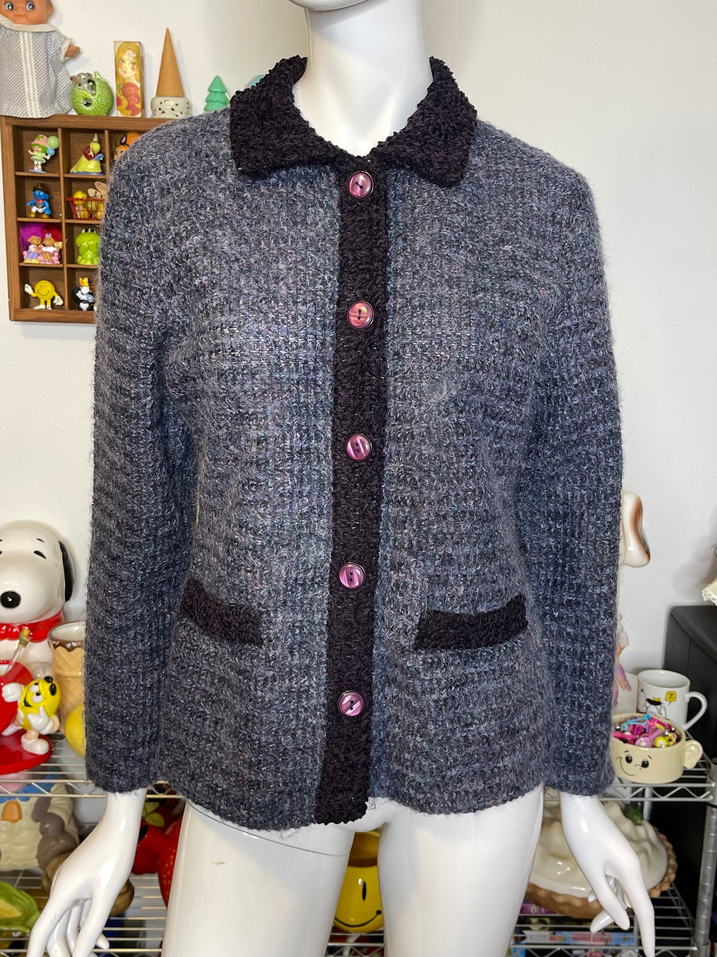 Vintage Multicolor Purple Fuzzy Mohair Knit Cardigan Sz M
