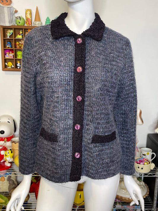 Vintage Multicolor Purple Fuzzy Mohair Knit Cardigan Sz M