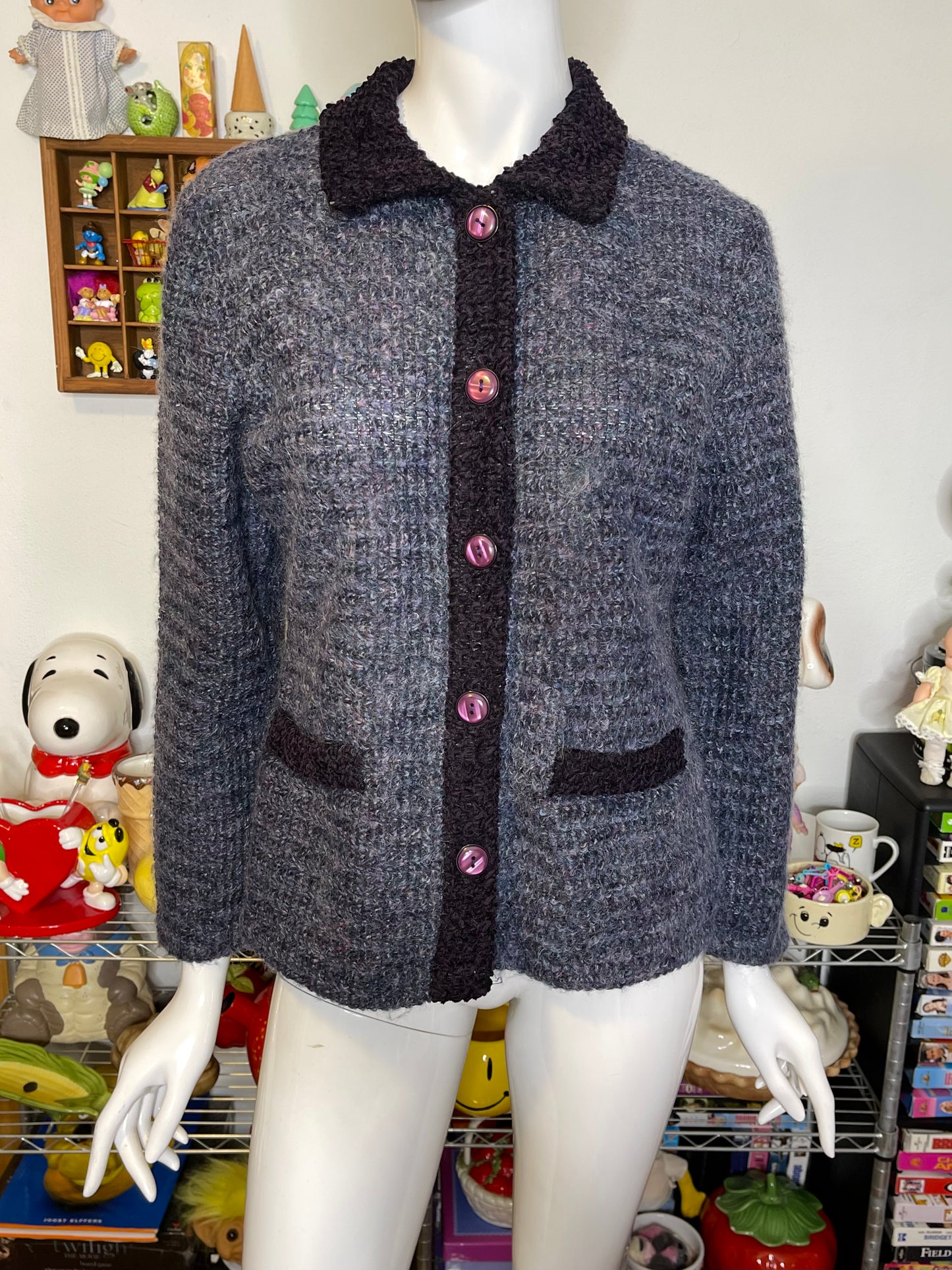 Vintage Multicolor Purple Fuzzy Mohair Knit Cardigan Sz M