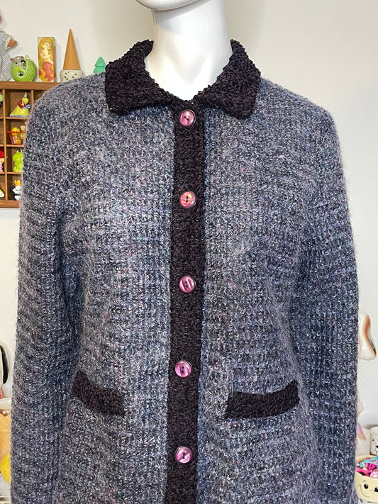 Vintage Multicolor Purple Fuzzy Mohair Knit Cardigan Sz M