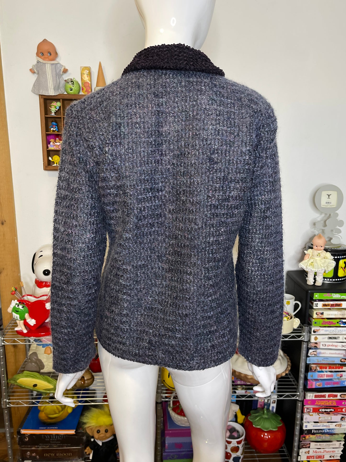 Vintage Multicolor Purple Fuzzy Mohair Knit Cardigan Sz M