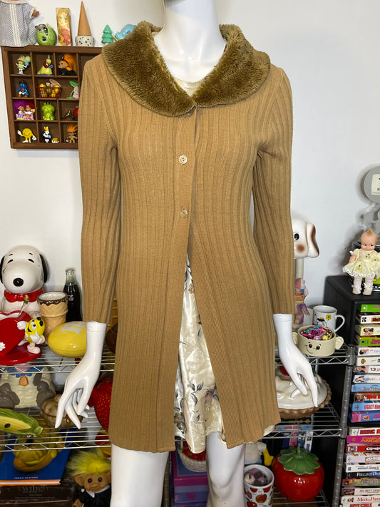 2000s Tan Faux Fur Ribbed Long Knit Cardigan Sz S
