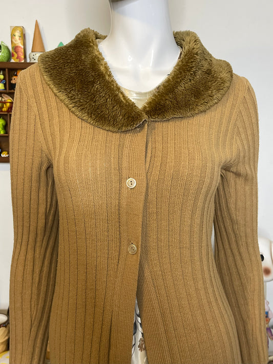 2000s Tan Faux Fur Ribbed Long Knit Cardigan Sz S