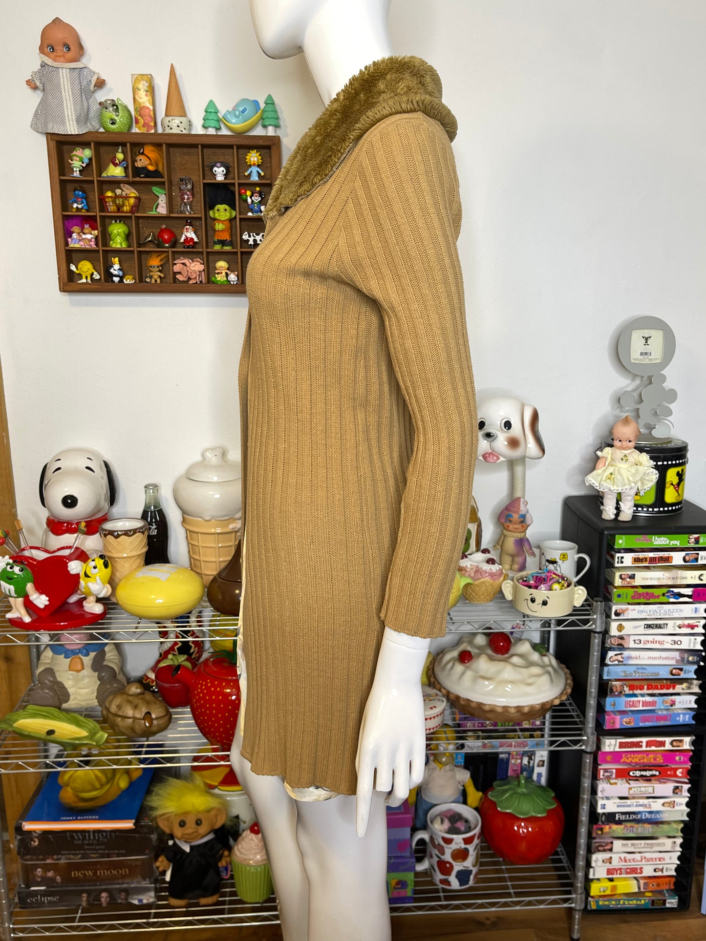 2000s Tan Faux Fur Ribbed Long Knit Cardigan Sz S