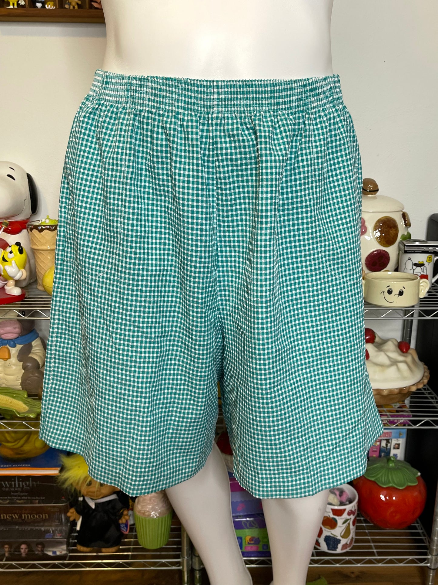 Vintage Plus Size High Waisted Teal Green Gingham Shorts Sz 2X