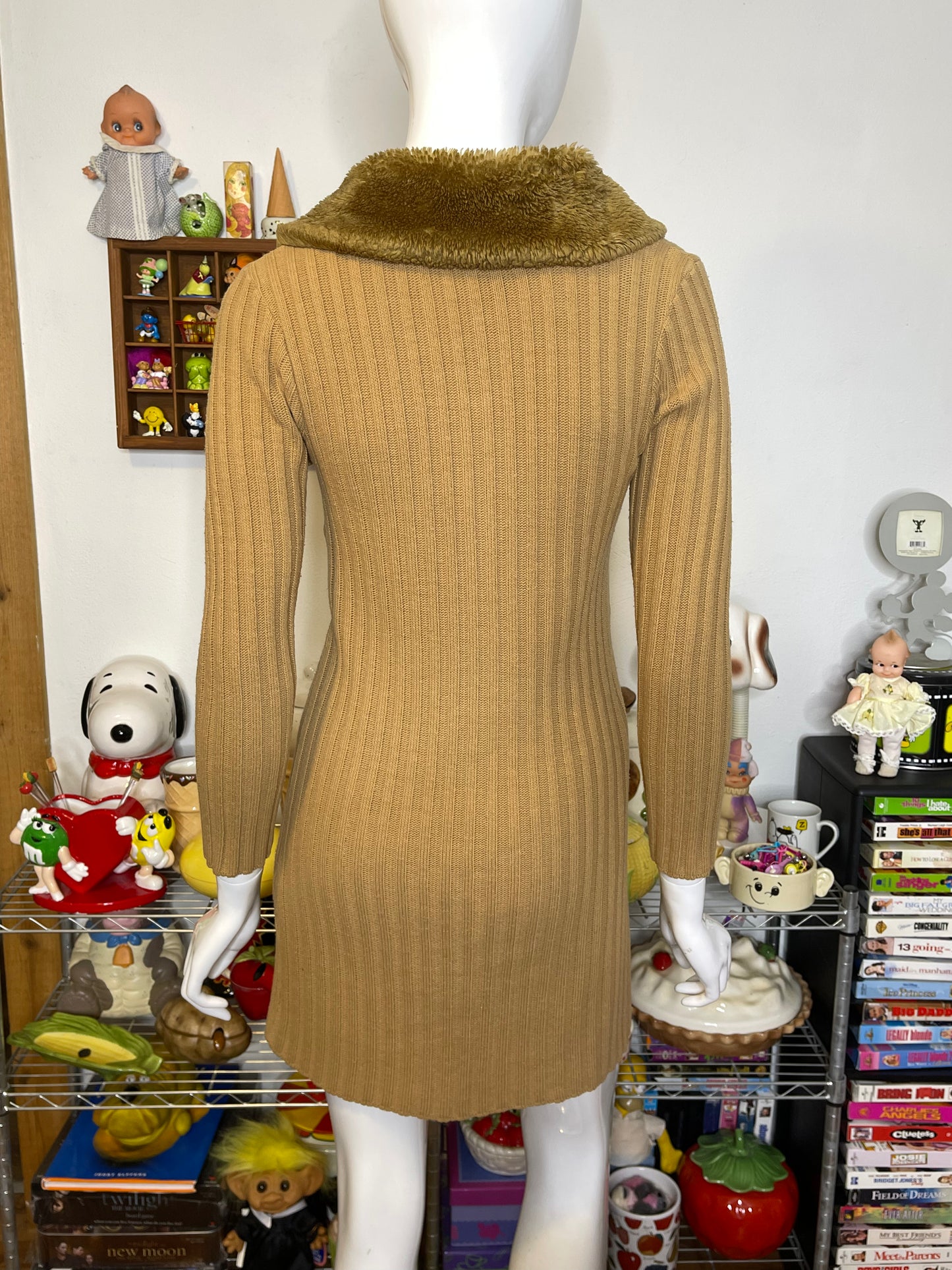2000s Tan Faux Fur Ribbed Long Knit Cardigan Sz S