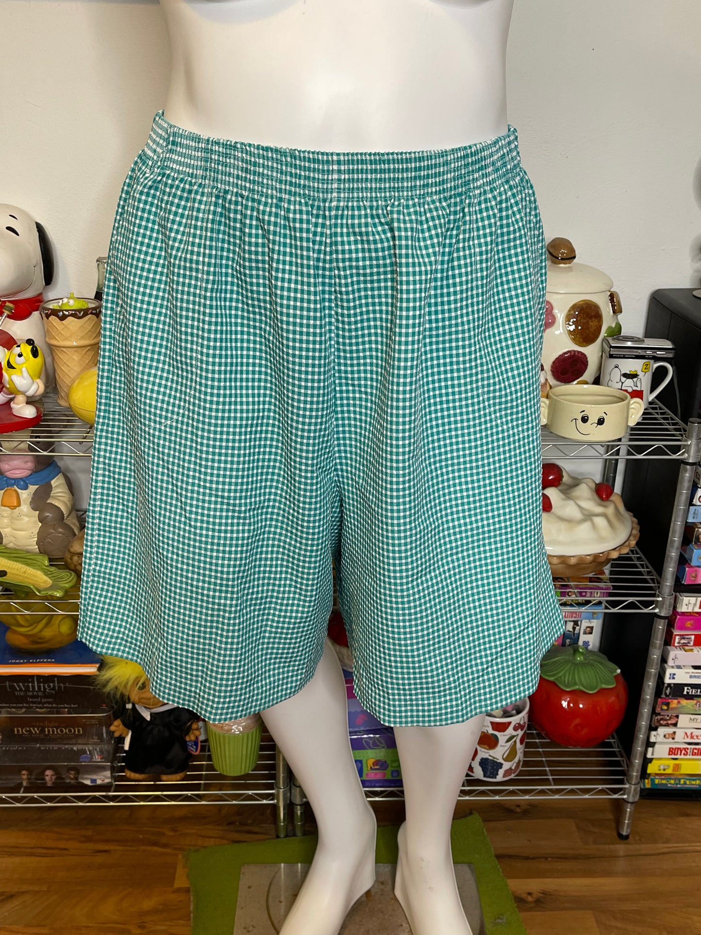 Vintage Plus Size High Waisted Teal Green Gingham Shorts Sz 2X