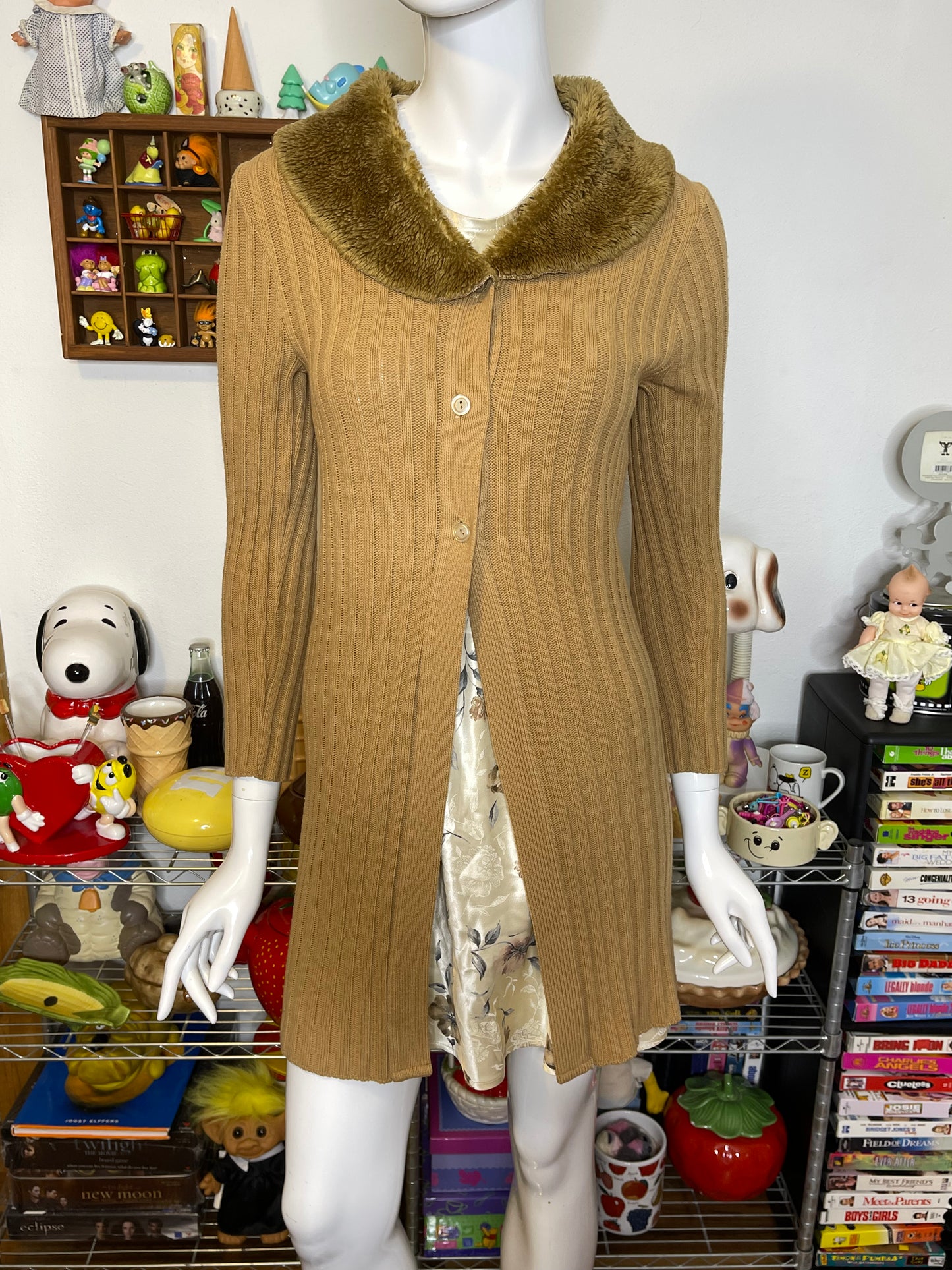 2000s Tan Faux Fur Ribbed Long Knit Cardigan Sz S