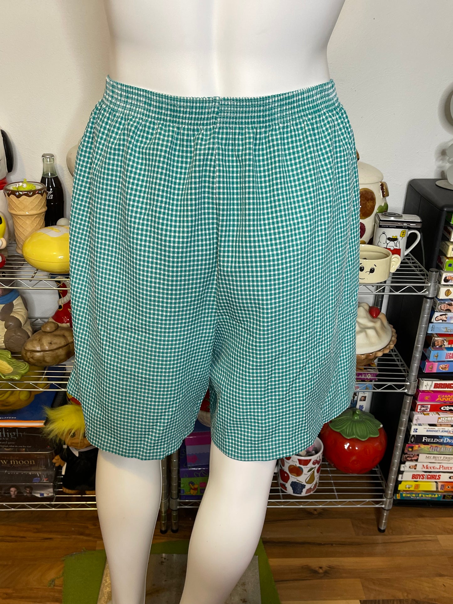 Vintage Plus Size High Waisted Teal Green Gingham Shorts Sz 2X