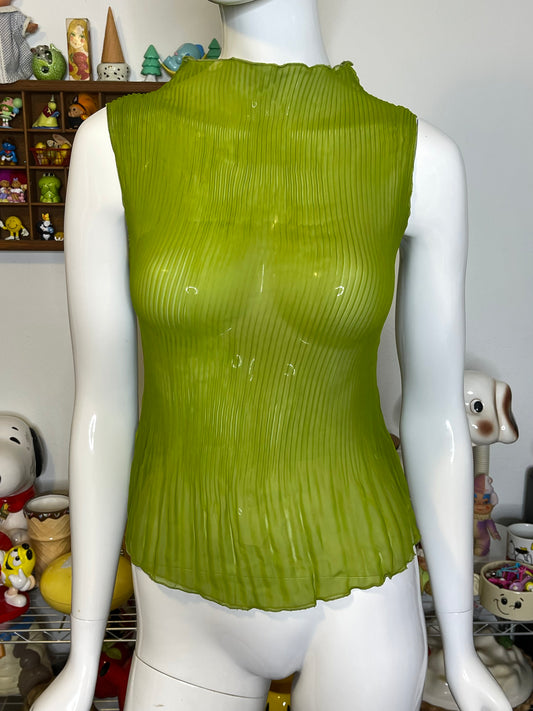 2000s Green Sheer Pleated Mock-Neck Sleeveless Top Sz S/M