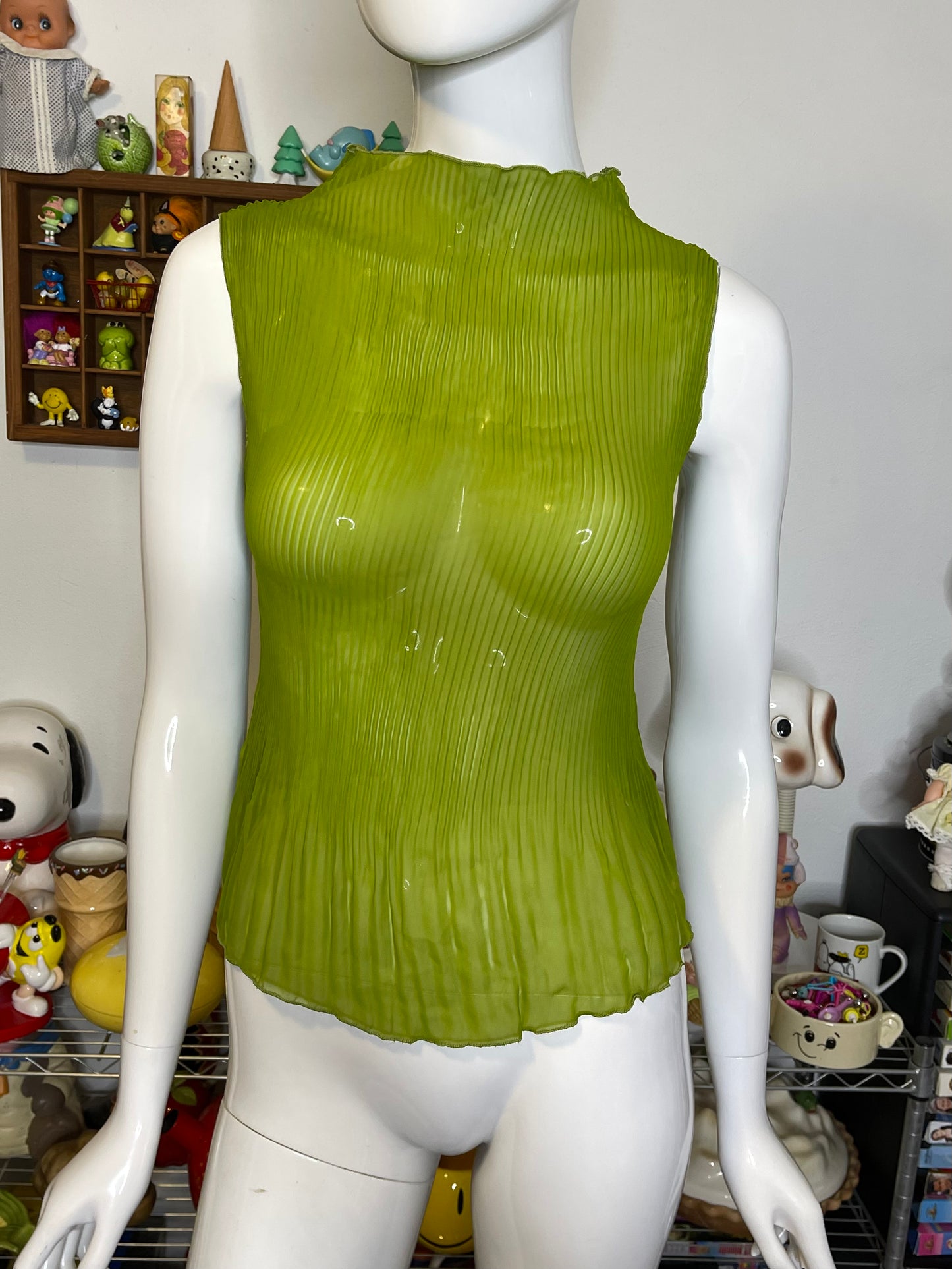 2000s Green Sheer Pleated Mock-Neck Sleeveless Top Sz S/M
