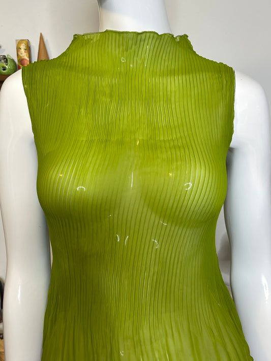 2000s Green Sheer Pleated Mock-Neck Sleeveless Top Sz S/M
