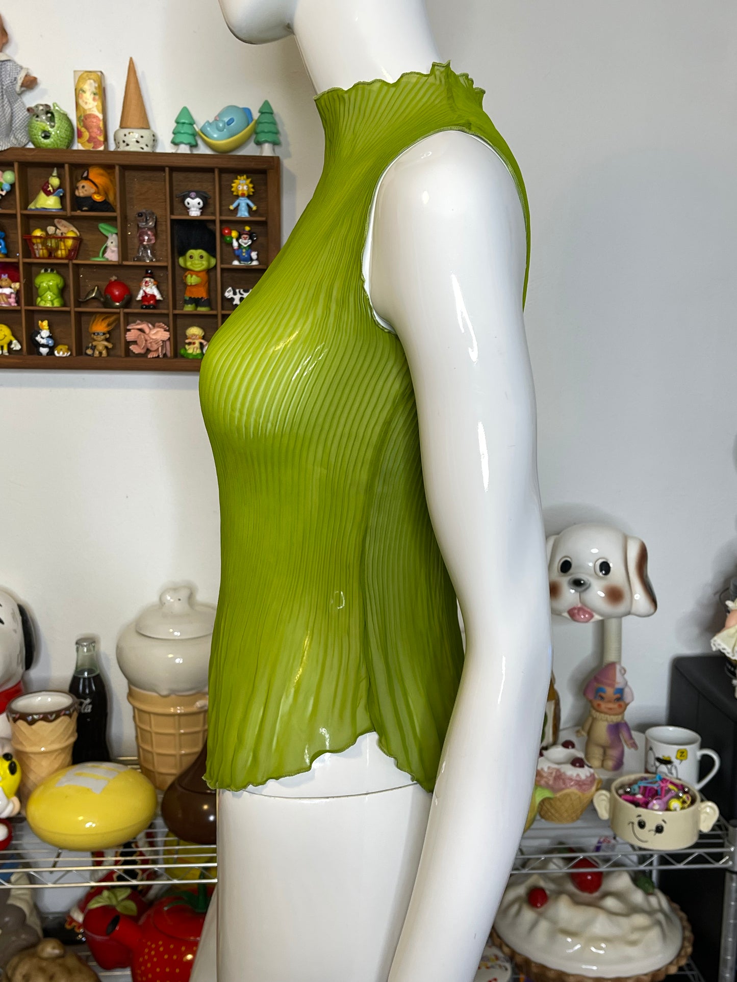 2000s Green Sheer Pleated Mock-Neck Sleeveless Top Sz S/M