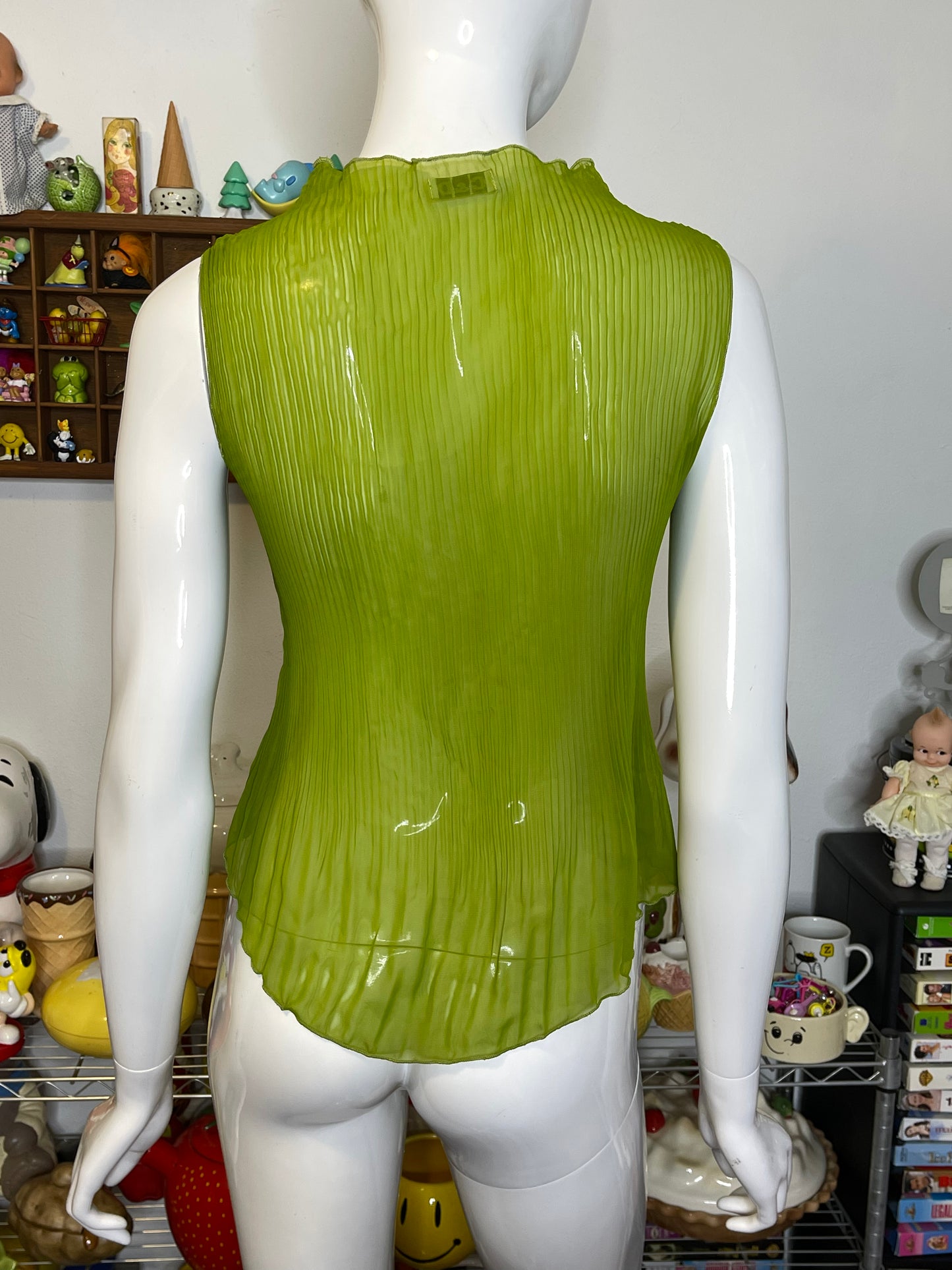 2000s Green Sheer Pleated Mock-Neck Sleeveless Top Sz S/M