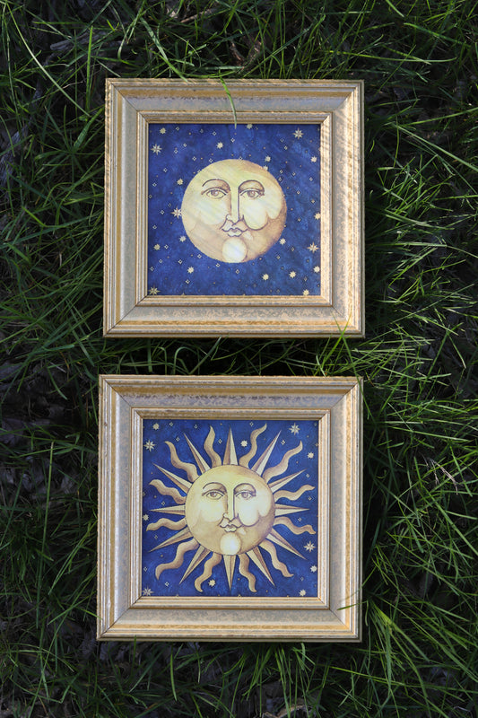 Vintage Mary Beth Zeitz Moon & Sun Framed Artwork Set Of 2