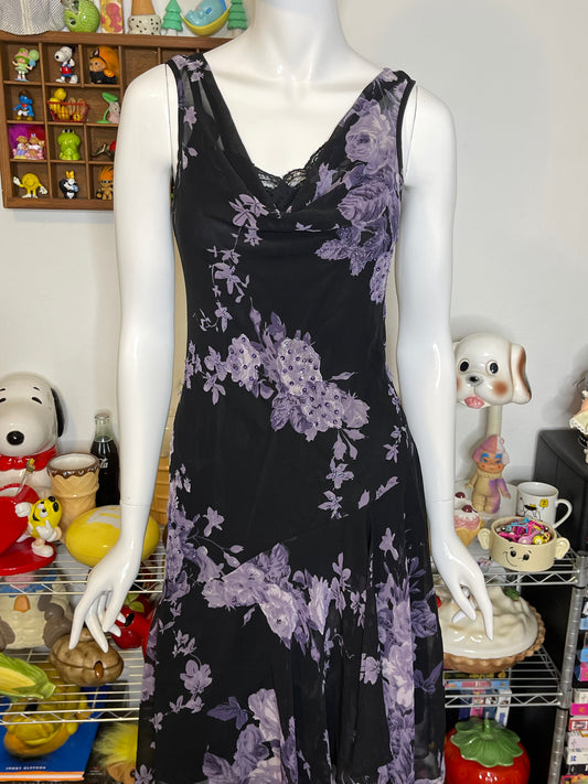 Vintage Purple Floral Sheer Layered Whimsigoth Asymmetrical Dress Sz S