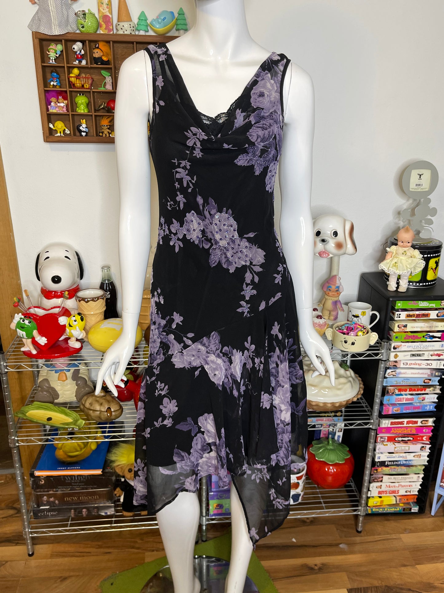 Vintage Purple Floral Sheer Layered Whimsigoth Asymmetrical Dress Sz S