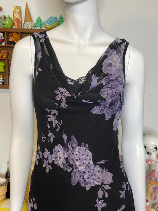 Vintage Purple Floral Sheer Layered Whimsigoth Asymmetrical Dress Sz S