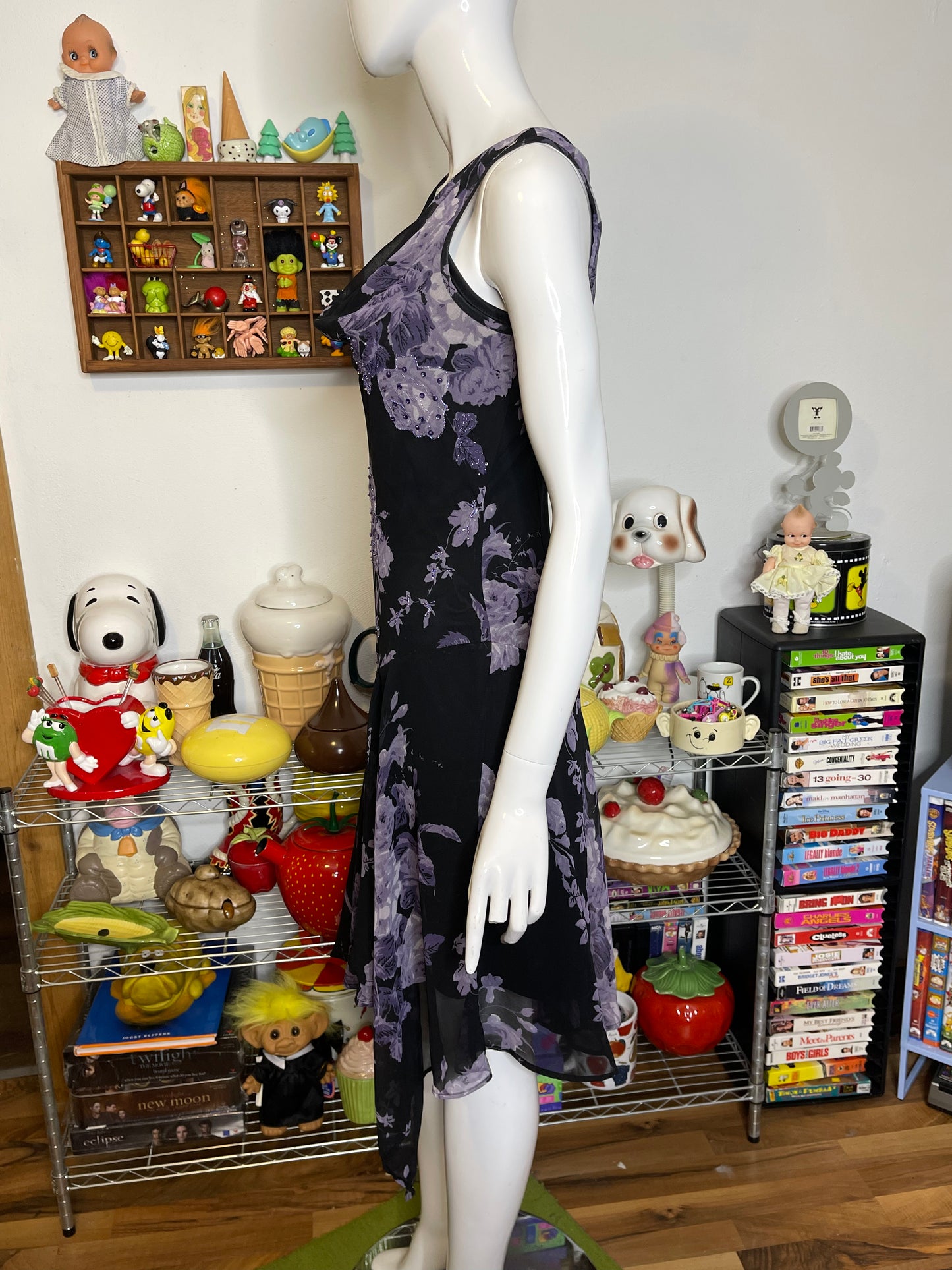 Vintage Purple Floral Sheer Layered Whimsigoth Asymmetrical Dress Sz S