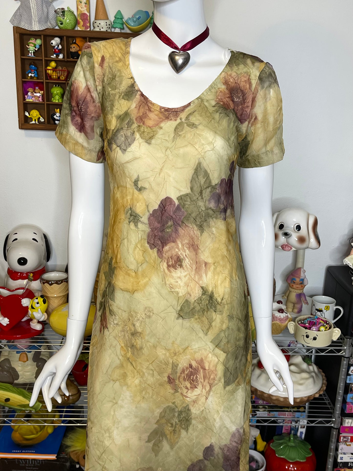 Vintage 90s Earthy Crinkly Sheer Floral Maxi Dress Sz S