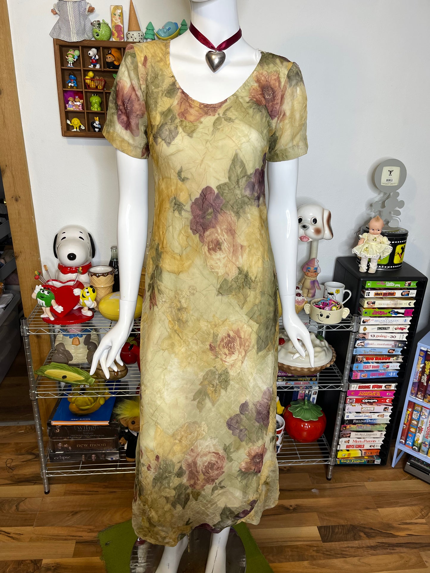 Vintage 90s Earthy Crinkly Sheer Floral Maxi Dress Sz S