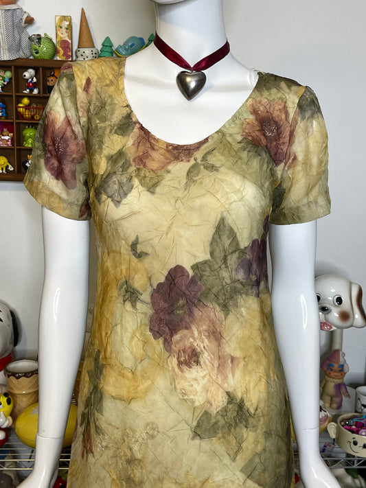 Vintage 90s Earthy Crinkly Sheer Floral Maxi Dress Sz S