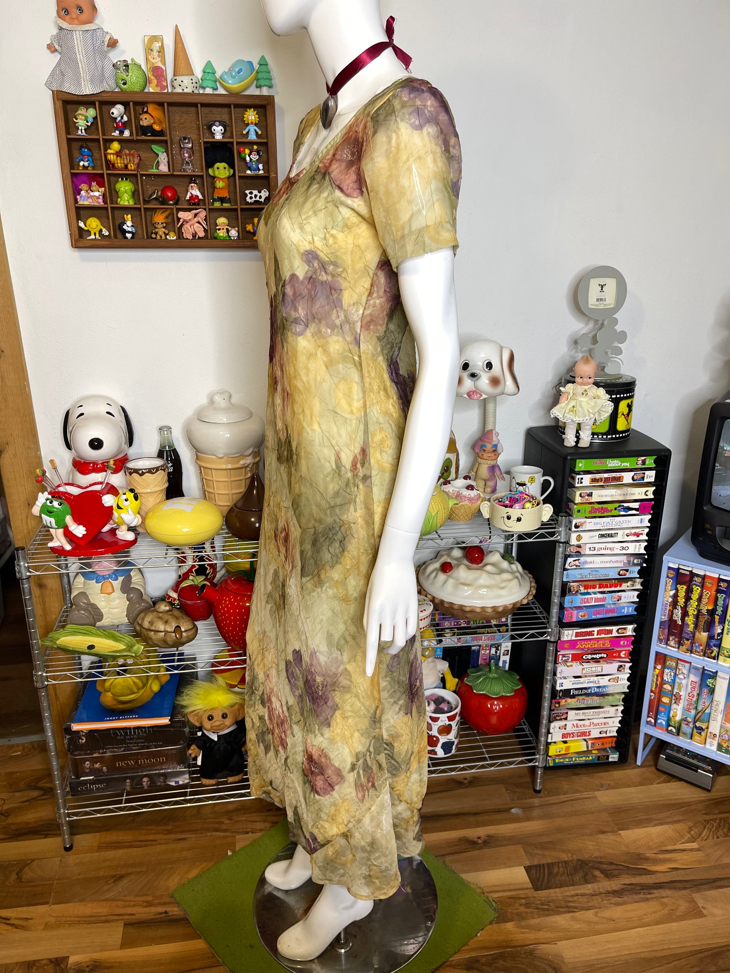 Vintage 90s Earthy Crinkly Sheer Floral Maxi Dress Sz S
